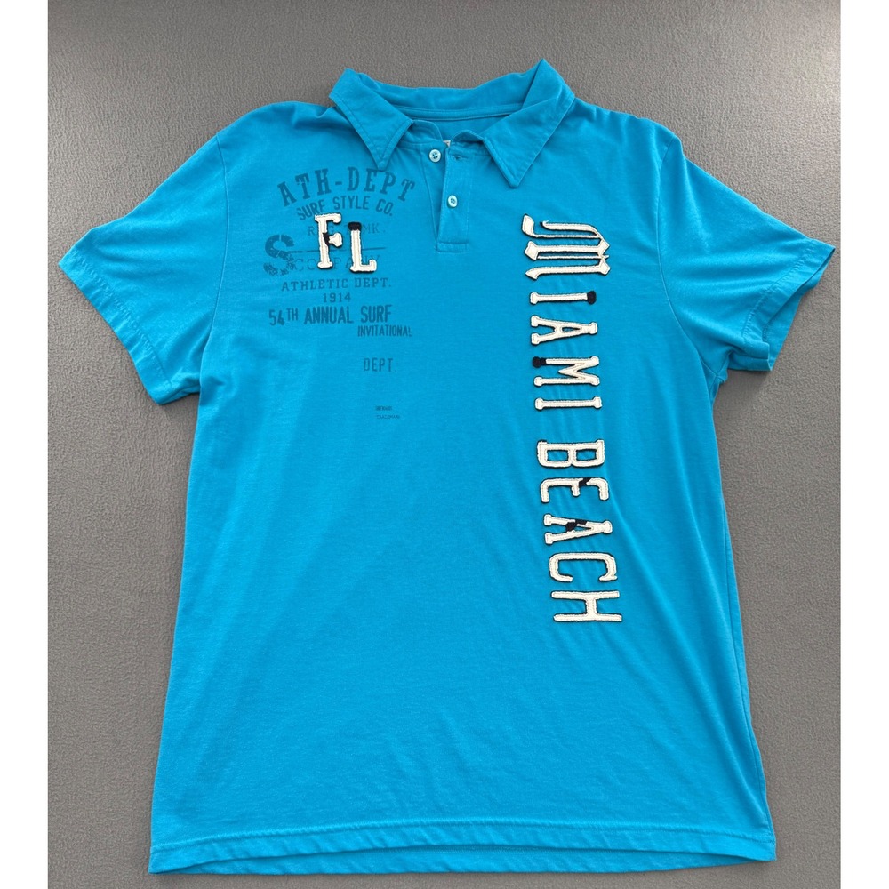 Surf Style Y2K Miami Beach Polo Shirt Large Blue FL Raised Graphic Coastal Retro